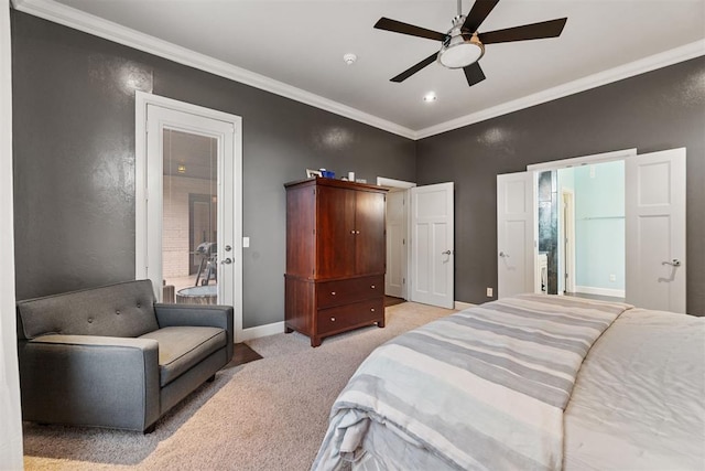 bedroom with ornamental molding, light carpet, baseboards, and a ceiling fan