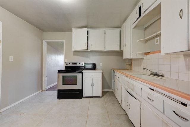 3924 Teal Dr, Del City, OK 73115 - kitchen featuring stainless steel electric stove, white cabinetry, and tasteful backsplash