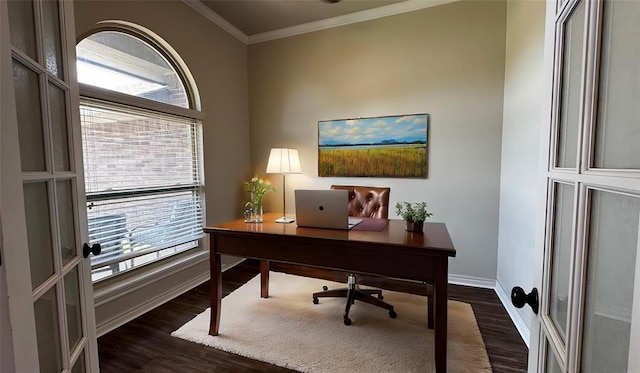 1328 Ridgeway Dr, Moore, OK 73160 - home office featuring crown molding, dark wood finished floors, and plenty of natural light