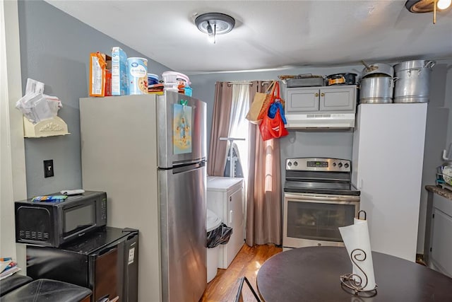 2717 SW 42nd St, Oklahoma City, OK 73119 - kitchen with stainless steel appliances, light wood-type flooring, under cabinet range hood, separate washer and dryer, and gray cabinetry