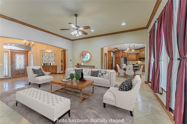 2612 SW 137th St, Oklahoma City, OK 73170 - living room featuring a chandelier, arched walkways, light tile patterned floors, crown molding, and recessed lighting