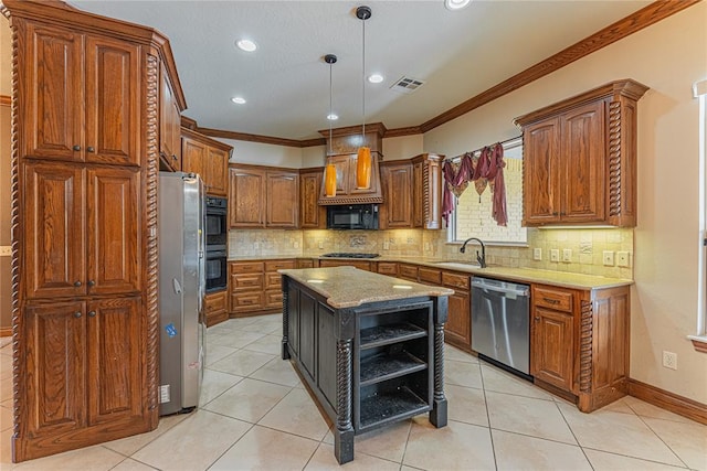 2612 SW 137th St, Oklahoma City, OK 73170 - kitchen featuring black appliances, open shelves, a sink, ornamental molding, and a center island