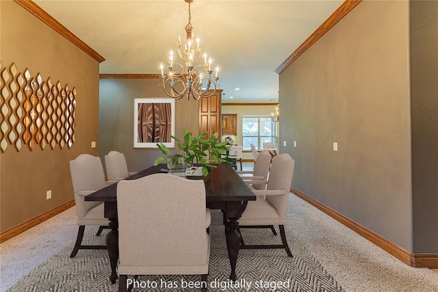 2612 SW 137th St, Oklahoma City, OK 73170 - carpeted dining area featuring a chandelier, crown molding, and baseboards