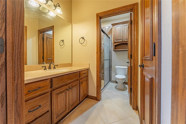 2612 SW 137th St, Oklahoma City, OK 73170 - bathroom featuring toilet, a stall shower, vanity, and tile patterned flooring