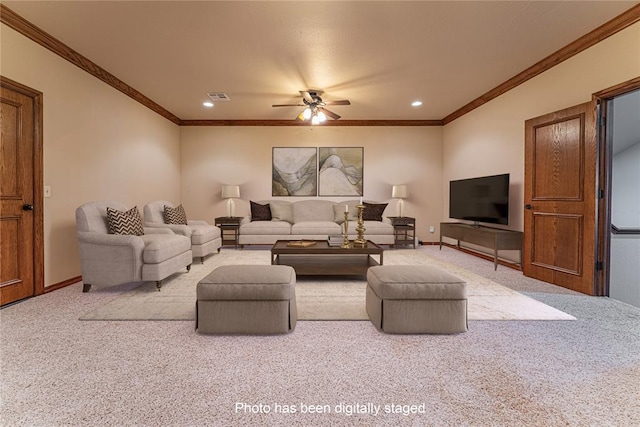 2612 SW 137th St, Oklahoma City, OK 73170 - living area with carpet floors, ceiling fan, baseboards, crown molding, and recessed lighting