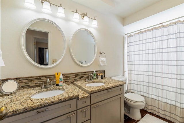 4113 Monica Dr, Del City, OK 73115 - full bathroom with decorative backsplash, double vanity, toilet, and curtained shower