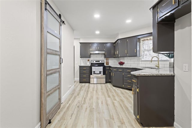 kitchen with a sink, tasteful backsplash, light wood-type flooring, under cabinet range hood, and stainless steel electric range oven