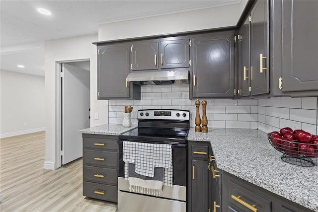 kitchen featuring light wood-type flooring, baseboards, under cabinet range hood, stainless steel electric range oven, and decorative backsplash