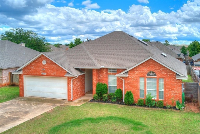 traditional-style home featuring a garage, brick siding, roof with shingles, and concrete driveway