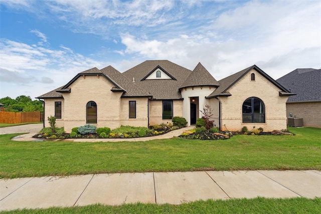 1111 Colonial Ave, Tuttle, OK 73089 - french provincial home featuring roof with shingles, fence, a front lawn, and brick siding