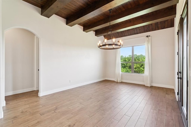1111 Colonial Ave, Tuttle, OK 73089 - unfurnished room with light wood-type flooring, an inviting chandelier, beam ceiling, and wood ceiling