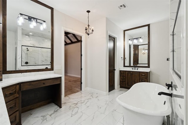 1111 Colonial Ave, Tuttle, OK 73089 - full bath featuring marble finish floor, vanity, visible vents, a freestanding bath, and baseboards