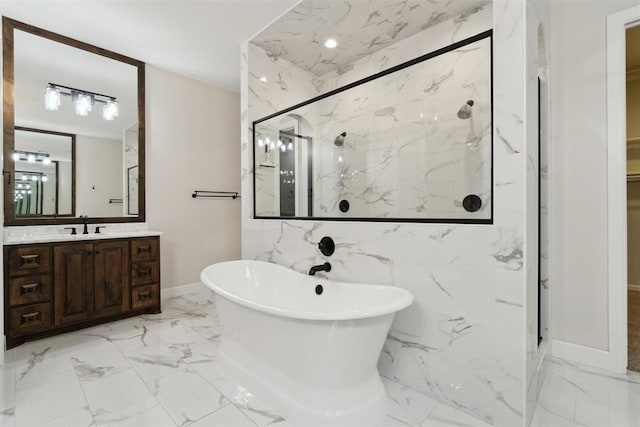 1111 Colonial Ave, Tuttle, OK 73089 - full bathroom featuring vanity, a marble finish shower, marble finish floor, and a freestanding tub