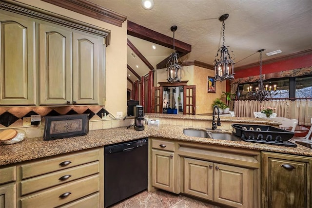 kitchen featuring a sink, dishwasher, vaulted ceiling, light stone countertops, and a notable chandelier