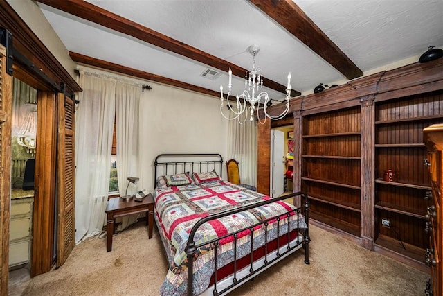 bedroom with carpet, beam ceiling, visible vents, and a notable chandelier