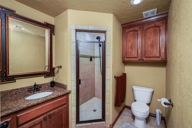 bathroom with toilet, visible vents, tile patterned flooring, and a shower stall