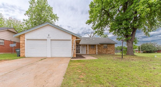 single story home featuring concrete driveway, brick siding, a front lawn, and a garage