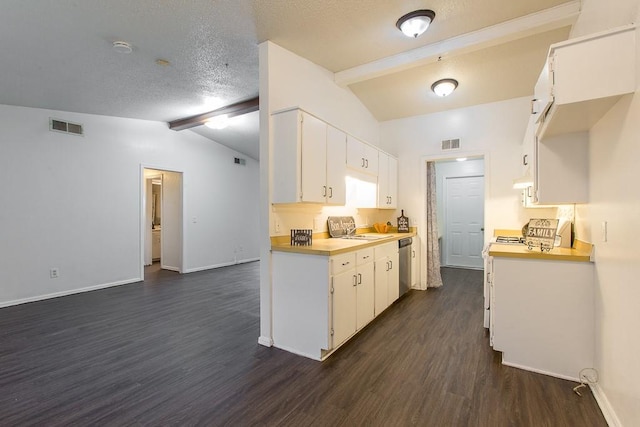 kitchen with visible vents, dishwasher, light countertops, dark wood-style floors, and vaulted ceiling with beams