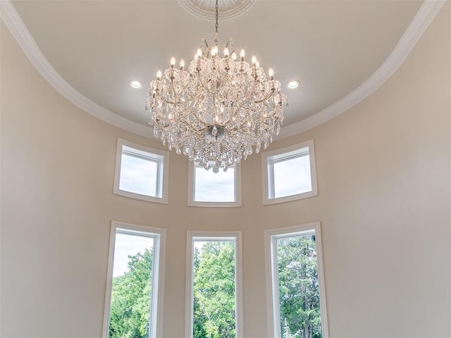 6209 Lakewood Ridge Rd, Edmond, OK 73013 - detailed view of a chandelier, crown molding, and recessed lighting