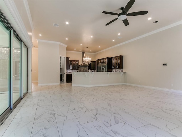 6209 Lakewood Ridge Rd, Edmond, OK 73013 - unfurnished living room featuring a chandelier, a ceiling fan, ornamental molding, recessed lighting, and light marble finish flooring