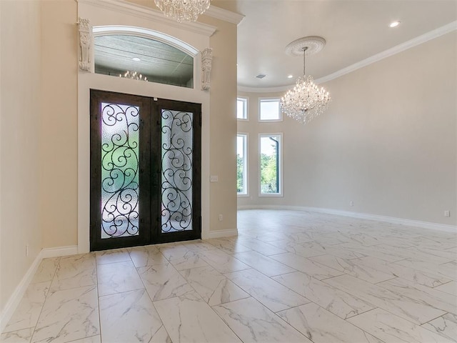 6209 Lakewood Ridge Rd, Edmond, OK 73013 - foyer featuring a chandelier, french doors, marble look tile flooring, crown molding, and recessed lighting
