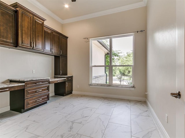 6209 Lakewood Ridge Rd, Edmond, OK 73013 - unfurnished office with built in study area, light marble finish floors, and ornamental molding