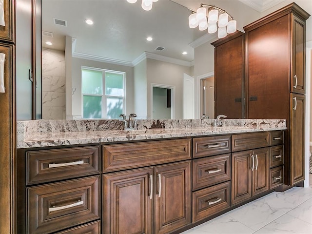 6209 Lakewood Ridge Rd, Edmond, OK 73013 - bathroom with marble look tiles, double vanity, crown molding, and recessed lighting
