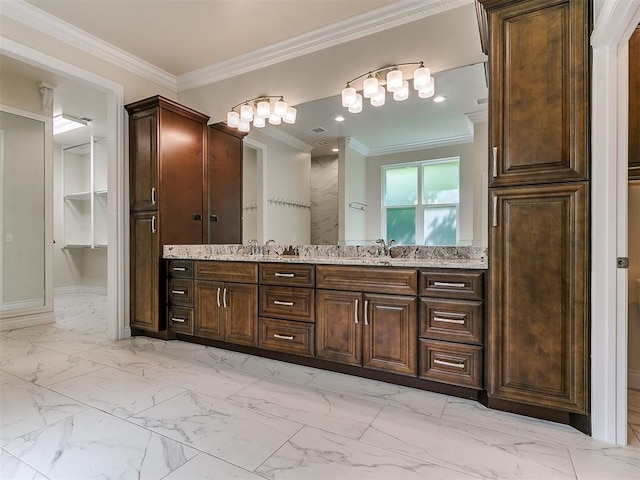 6209 Lakewood Ridge Rd, Edmond, OK 73013 - full bath with double vanity, marble look tile flooring, and crown molding