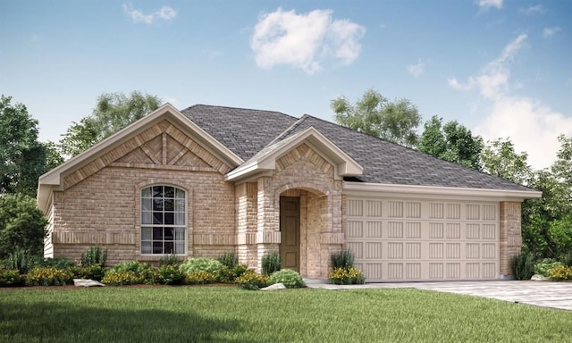ranch-style home with a front lawn, driveway, brick siding, and an attached garage