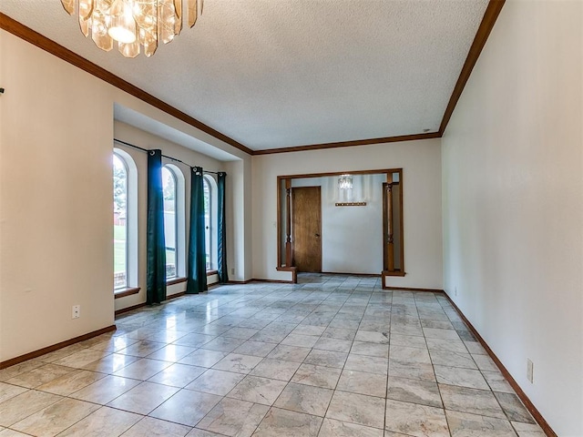 908 Carfax Rd, Edmond, OK 73034 - unfurnished room with a chandelier, crown molding, and a textured ceiling