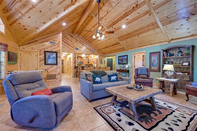 living area featuring light tile patterned floors, wooden ceiling, wood walls, and a ceiling fan