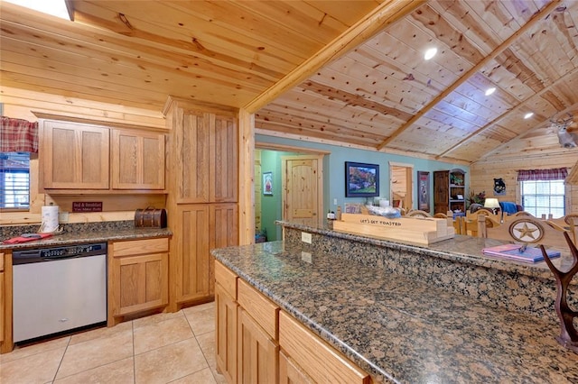 kitchen with dishwasher, wooden ceiling, wood walls, light tile patterned floors, and dark stone countertops