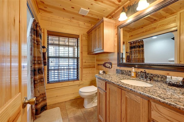 full bath with wooden walls, toilet, tile patterned flooring, vanity, and wooden ceiling