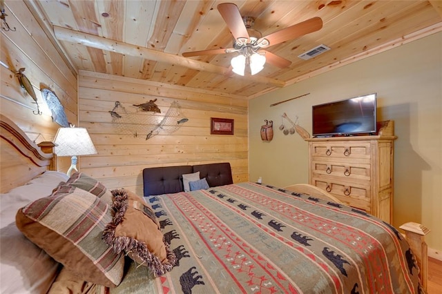 bedroom with wood ceiling, wood walls, a ceiling fan, and wood finished floors