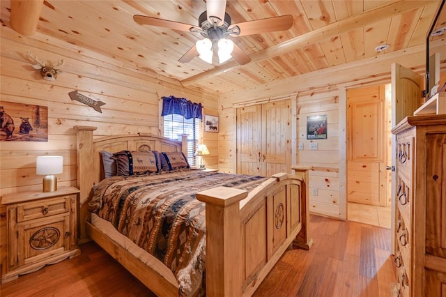 bedroom featuring wood ceiling, wooden walls, light wood finished floors, and ceiling fan