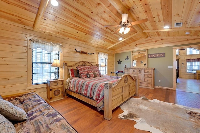 bedroom featuring wood ceiling, light wood finished floors, wooden walls, and baseboards