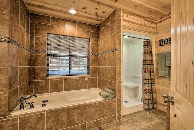 full bathroom featuring tile patterned floors, a shower stall, wooden ceiling, and a garden tub