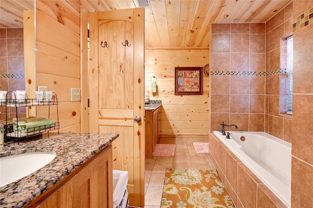 full bathroom featuring wooden ceiling, two vanities, tiled bath, tile patterned flooring, and wooden walls