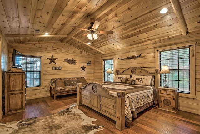 bedroom featuring wood walls, wooden ceiling, dark wood-style flooring, and multiple windows