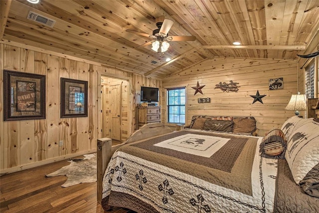 bedroom featuring hardwood / wood-style flooring, wooden ceiling, wood walls, baseboards, and ceiling fan