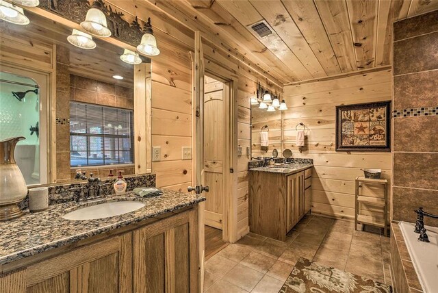 bathroom featuring two vanities, wood walls, wooden ceiling, tile patterned flooring, and a relaxing tiled tub