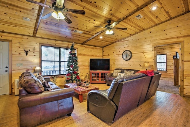 living room with wooden ceiling, ceiling fan, plenty of natural light, wood walls, and lofted ceiling
