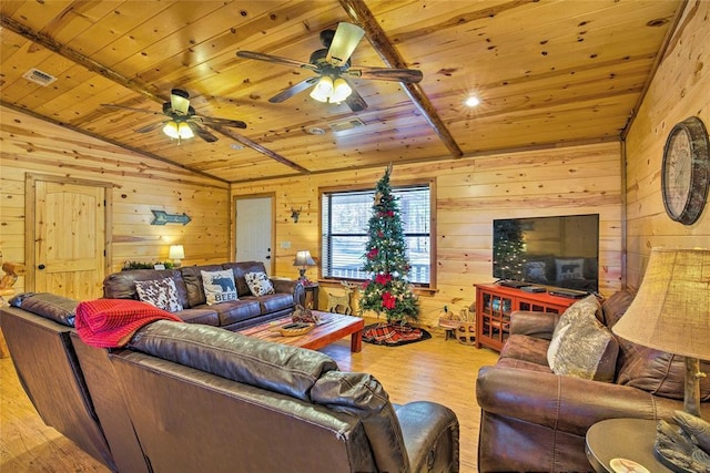 living room with wooden ceiling, wood finished floors, wood walls, a ceiling fan, and lofted ceiling