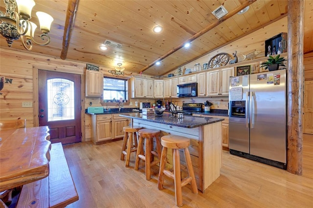 kitchen with stainless steel fridge, black microwave, electric stove, wooden ceiling, and light wood-style flooring
