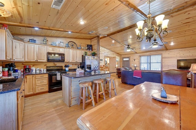 dining space featuring wood ceiling, a ceiling fan, light wood-style flooring, a chandelier, and wood walls
