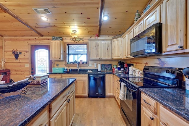 kitchen with black appliances, a sink, wooden ceiling, light wood-style flooring, and light brown cabinets