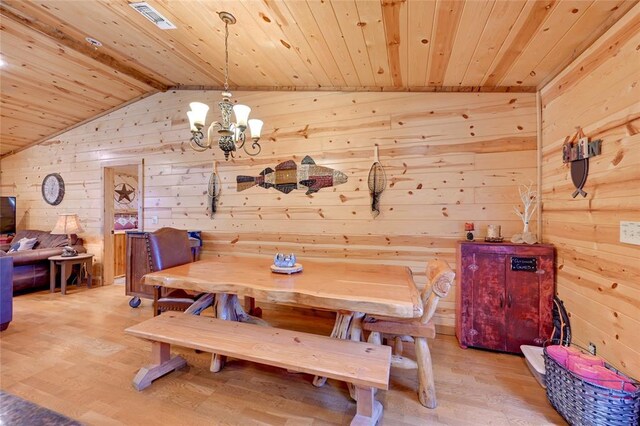 dining space featuring wooden ceiling, wooden walls, a chandelier, and wood finished floors