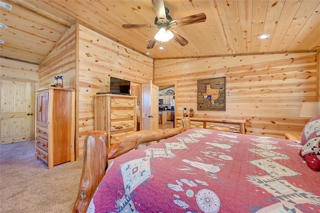 bedroom featuring wood ceiling, carpet floors, lofted ceiling, wood walls, and recessed lighting