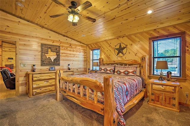 bedroom featuring carpet flooring, wood ceiling, vaulted ceiling, and wooden walls