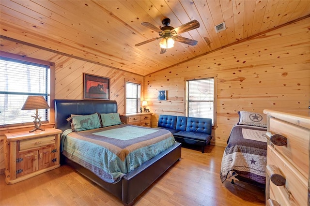 bedroom featuring vaulted ceiling, wooden ceiling, light wood-style flooring, and wooden walls